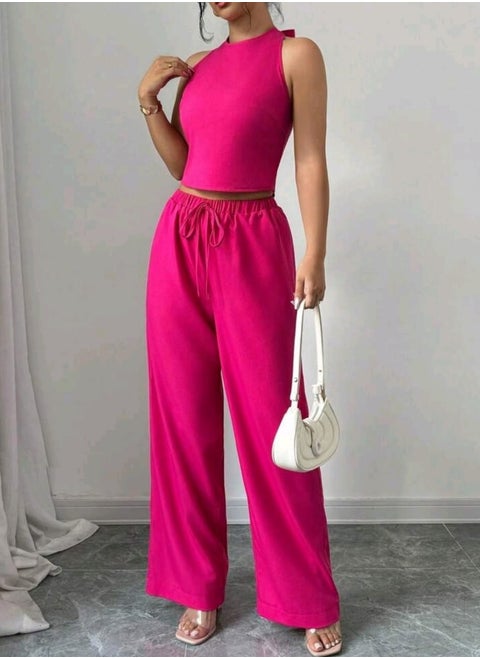 SHEIN Raffinéa 2pcs/Set Women Solid Color Halter Backless Sleeveless Top And Drawstring Pocket Pants