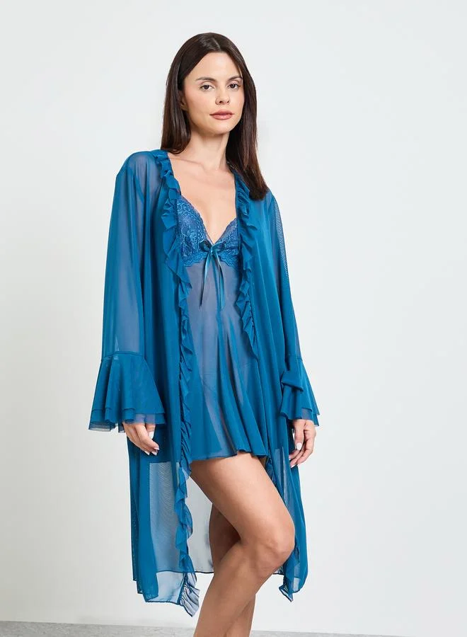 Take Two Teal Lace Trim Slip And Ruffled Robe Set