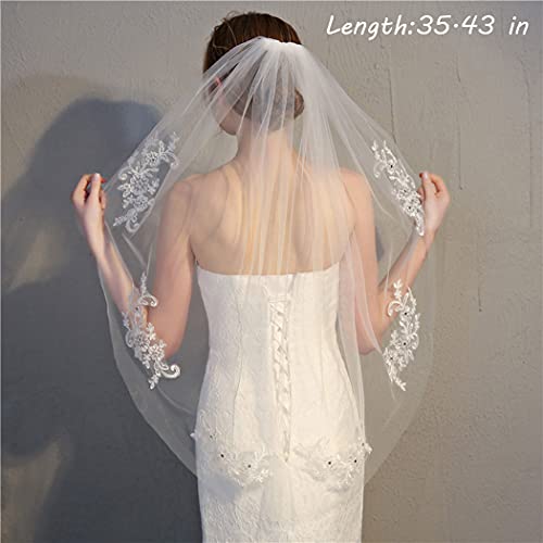 Bmirth 2 Tiers Bride Wedding Veil White Veil Bridal Bridal Tulle Wedding Veil with Flower Lace Edge and Comb (A-white) (Wedding veil) - Image 2