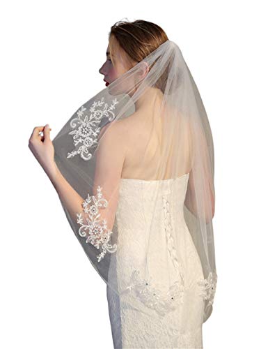 Bmirth 2 Tiers Bride Wedding Veil White Veil Bridal Bridal Tulle Wedding Veil with Flower Lace Edge and Comb (A-white) (Wedding veil) - Image 1