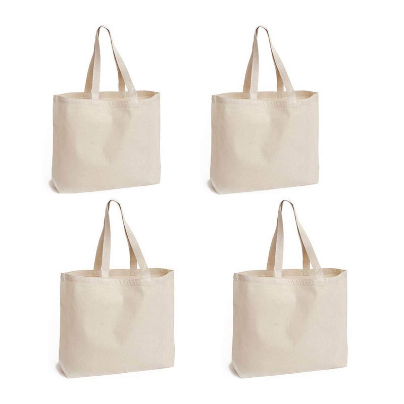 WOWSEA Natural Canvas Tote Bags 4 pcs Reusable 24oz Shopping Bag DIY pattern for Crafting and Decorating Sturdy Washable Grocery Tote Bag Beige