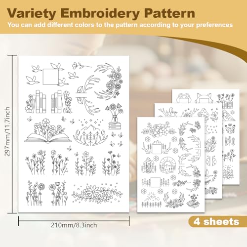 DOODLREAM 56Pcs Mountain Flower Vine Embroidery Pattern Stabilizer, 8.3"x11.7" Deer Antler Book Water Soluble Stick and Stitch Embroidery Sticker, 4 Sheets Tree Hat Hand Sewing DIY Embroidery Paper - Image 2