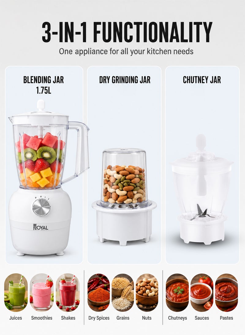 Royal 3-in-1 Electric Blender, Chopper & Grinder 400W | 1.75L Unbreakable PC Jar, 4-Style Stainless Steel Blade, 2-Speed + Pulse & Child Safety Lock | RA-BG160 White 1.5 L 400 kW RA-BG160 WHITE - Image 2