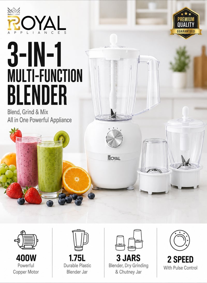Royal 3-in-1 Electric Blender, Chopper & Grinder 400W | 1.75L Unbreakable PC Jar, 4-Style Stainless Steel Blade, 2-Speed + Pulse & Child Safety Lock | RA-BG160 White 1.5 L 400 kW RA-BG160 WHITE - Image 1