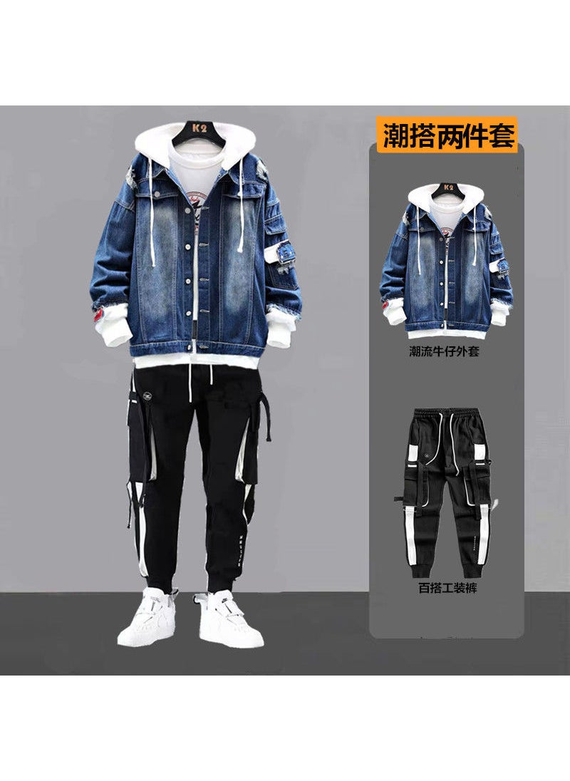 Generic Mens Stylish Spring Denim Suit Jacket with Pants Set Dark blue hooded + overalls 