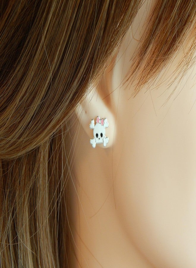 آيسروز طقم أقراط من الفضة الإسترليني عيار 925 مكون من 3 أزواج، طقم هالوين، قبعة ساحرة، حلوى ذرة برتقالية، جمجمة مع فيونكة وردية (خالية من النيكل) - Image 3