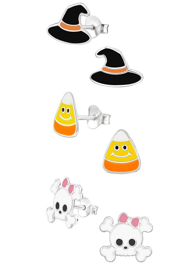 آيسروز طقم أقراط من الفضة الإسترليني عيار 925 مكون من 3 أزواج، طقم هالوين، قبعة ساحرة، حلوى ذرة برتقالية، جمجمة مع فيونكة وردية (خالية من النيكل) - Image 1