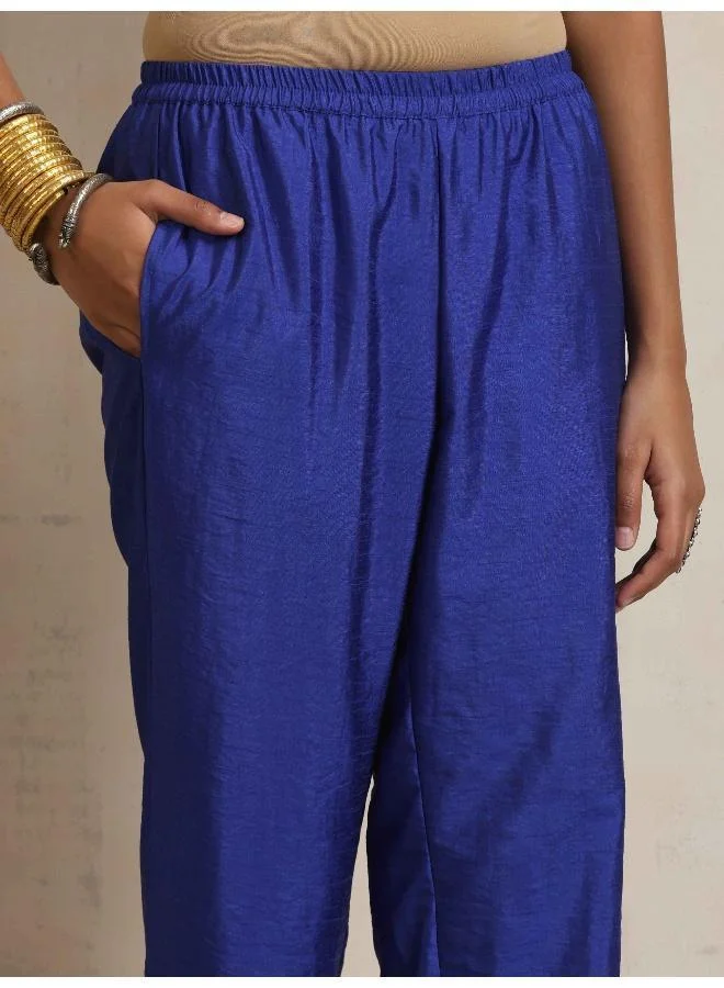 trueBrowns Blue Silk High Slit Kurta Set
