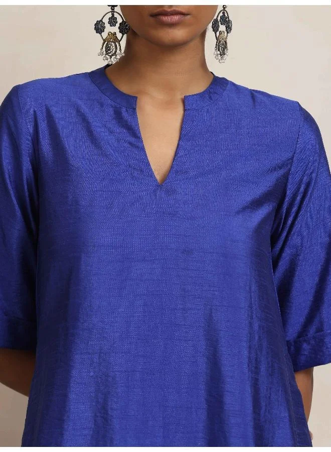 trueBrowns Blue Silk High Slit Kurta Set