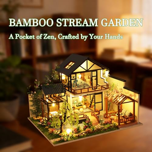 OZJAY DIY Miniature House Kit Tiny House Kit with LED DIY Wooden Dollhouse Miniature Kit for Adults Teen Wooden Crafts Lovely Dollhouse Kit Bamboo Stream Garden - Image 5