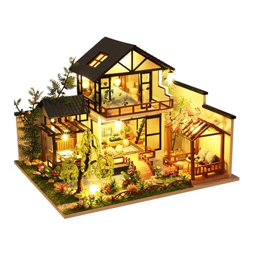 OZJAY DIY Miniature House Kit Tiny House Kit with LED DIY Wooden Dollhouse Miniature Kit for Adults Teen Wooden Crafts Lovely Dollhouse Kit Bamboo Stream Garden - Image 1