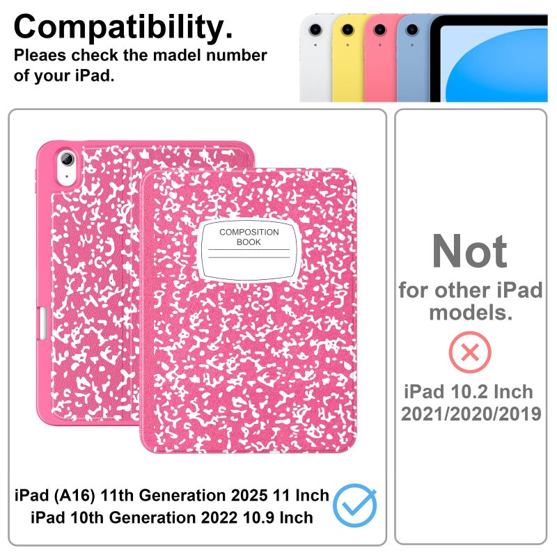 Supveco Case for iPad (A16) 11th Generation 11 inch (2025),iPad 10th Generation 10.9 inch (2022) with Pencil Holder-[Auto Wake/Sleep],Premium Folio Stand Case with Soft TPU Back Cover-Hot Pink - Image 2