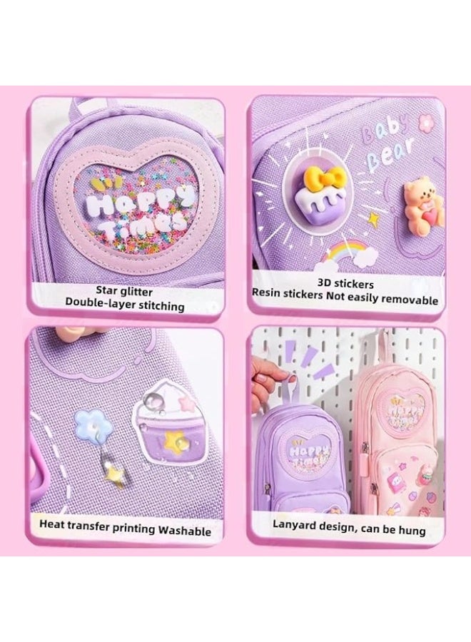 Pencil Case Large Capacity Purple Kawaii Cute 3 Compartment Stationery Organizer for Students Girls Teens Adults Holds 50 Pens or Pencils - Image 3