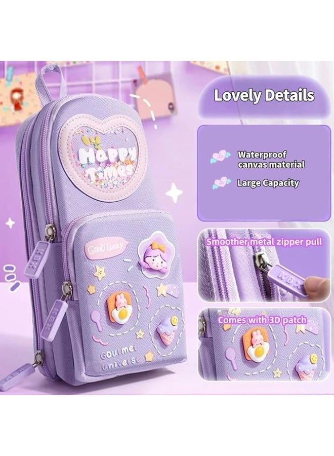 Pencil Case Large Capacity Purple Kawaii Cute 3 Compartment Stationery Organizer for Students Girls Teens Adults Holds 50 Pens or Pencils - Image 5