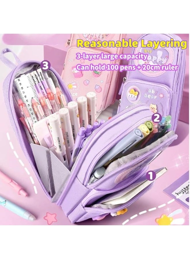 Pencil Case Large Capacity Purple Kawaii Cute 3 Compartment Stationery Organizer for Students Girls Teens Adults Holds 50 Pens or Pencils - Image 2
