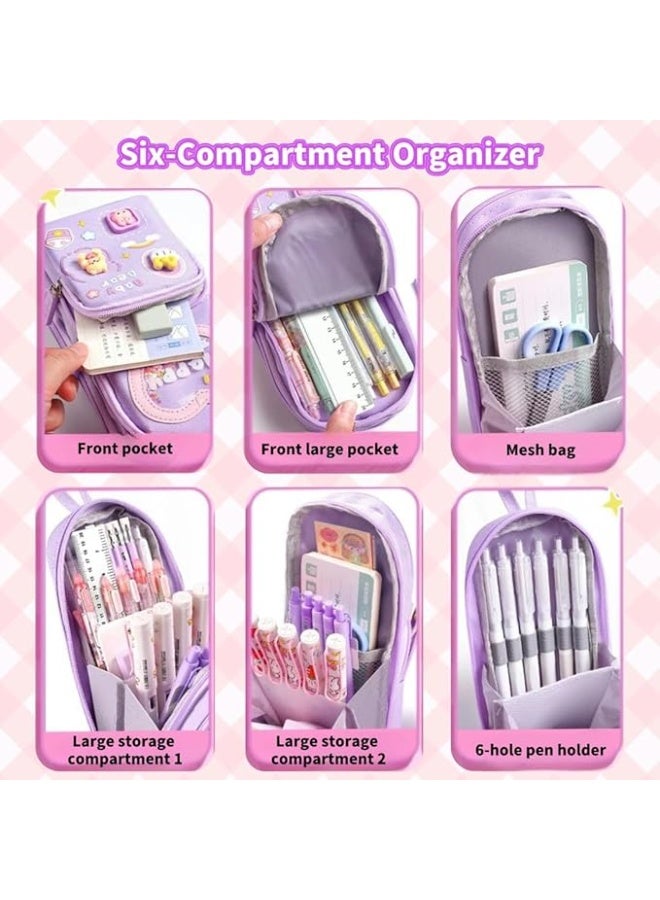 Pencil Case Large Capacity Purple Kawaii Cute 3 Compartment Stationery Organizer for Students Girls Teens Adults Holds 50 Pens or Pencils - Image 4