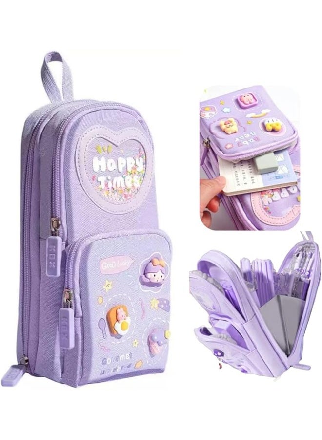 Pencil Case Large Capacity Purple Kawaii Cute 3 Compartment Stationery Organizer for Students Girls Teens Adults Holds 50 Pens or Pencils - Image 1