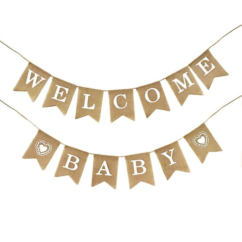 Dadam Welcome Baby Burlap Banner Flags Vintage Baby Shower Banner Rustic Baby Shower Decorations Banners and Signs - Image 1