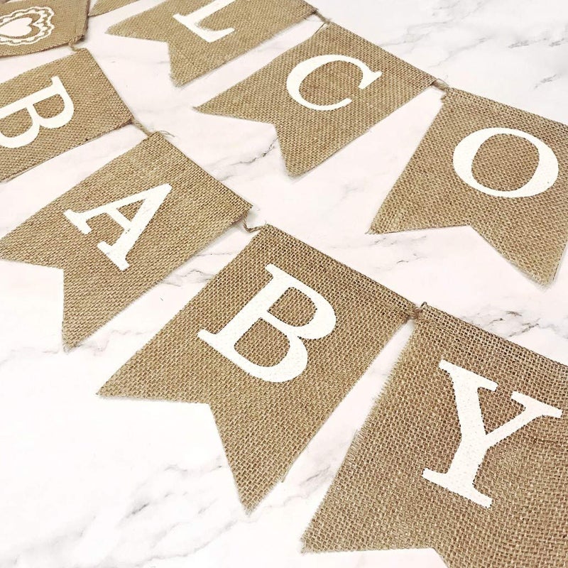 Dadam Welcome Baby Burlap Banner Flags Vintage Baby Shower Banner Rustic Baby Shower Decorations Banners and Signs - Image 2