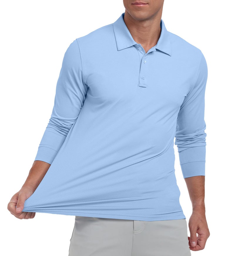 Askdeer Men's Golf Polo Shirts Long Sleeve UPF 50+ Performance Collar Shirts Lightweight Summer Casual Quick Dry Tee Light Blue - Image 5
