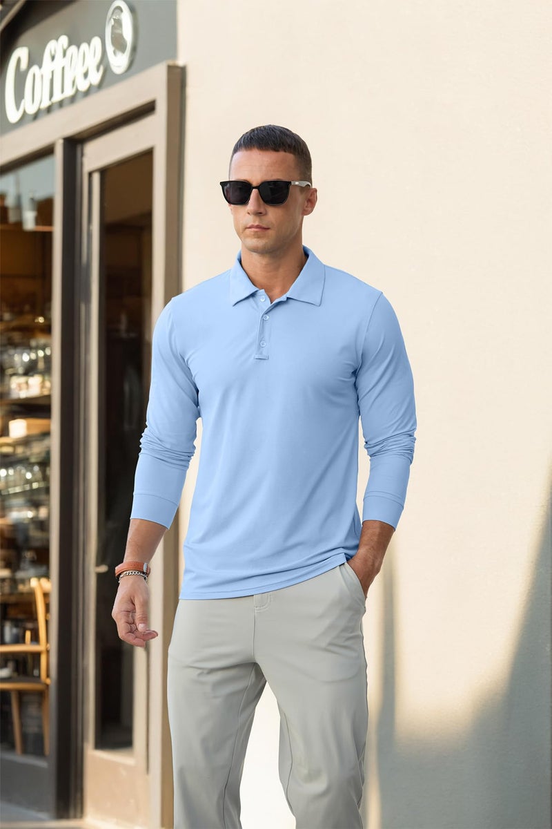 Askdeer Men's Golf Polo Shirts Long Sleeve UPF 50+ Performance Collar Shirts Lightweight Summer Casual Quick Dry Tee Light Blue - Image 3