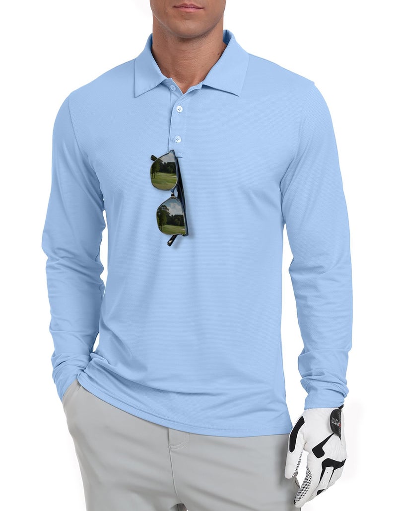 Askdeer Men's Golf Polo Shirts Long Sleeve UPF 50+ Performance Collar Shirts Lightweight Summer Casual Quick Dry Tee Light Blue - Image 1
