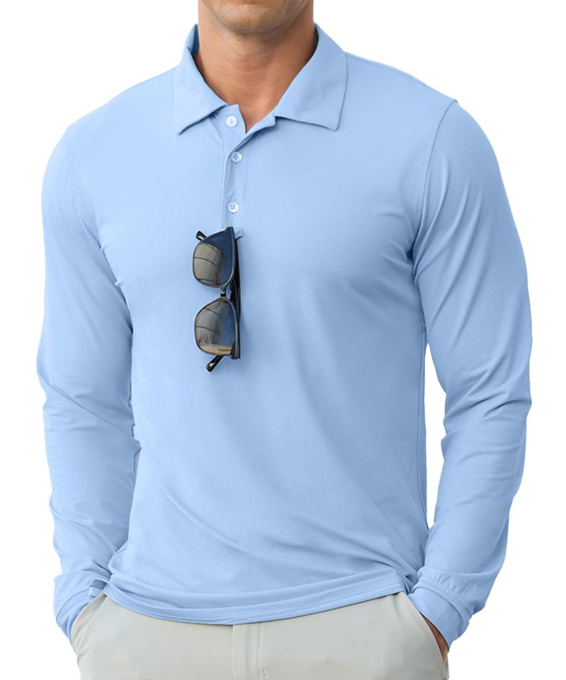 Askdeer Men's Golf Polo Shirts Long Sleeve UPF 50+ Performance Collar Shirts Lightweight Summer Casual Quick Dry Tee Light Blue - Image 2