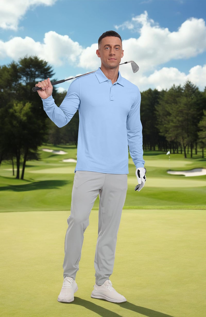 Askdeer Men's Golf Polo Shirts Long Sleeve UPF 50+ Performance Collar Shirts Lightweight Summer Casual Quick Dry Tee Light Blue - Image 4