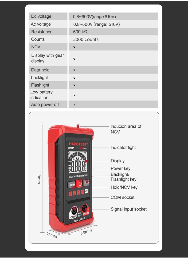 HABOTEST - Digital Multimeter, Smart Auto-Ranging Voltmeter, Resistance Continuity Measurement, AC/DC Voltage, LCD Display, LED Flashlight, Voltage Tester with Non-Contact Voltage Function - Image 1