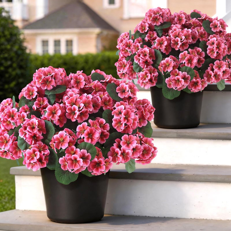GLIDLION 2 Pack Artificial Geranium Flowers Topitary Trees for Outdoors, UV Resistant Geraniums Potted Bushes Look Real Silk Faux Plants for Front Door Garden Porch Planter Farmhouse Home Decor (Peach Red) - Image 1