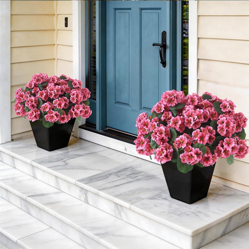 GLIDLION 2 Pack Artificial Geranium Flowers Topitary Trees for Outdoors, UV Resistant Geraniums Potted Bushes Look Real Silk Faux Plants for Front Door Garden Porch Planter Farmhouse Home Decor (Peach Red) - Image 2