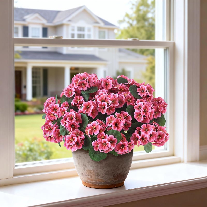 GLIDLION 2 Pack Artificial Geranium Flowers Topitary Trees for Outdoors, UV Resistant Geraniums Potted Bushes Look Real Silk Faux Plants for Front Door Garden Porch Planter Farmhouse Home Decor (Peach Red) - Image 4