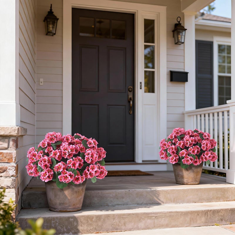 GLIDLION 2 Pack Artificial Geranium Flowers Topitary Trees for Outdoors, UV Resistant Geraniums Potted Bushes Look Real Silk Faux Plants for Front Door Garden Porch Planter Farmhouse Home Decor (Peach Red) - Image 3
