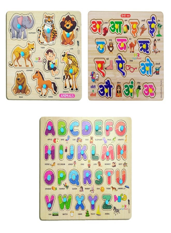 HIGHROOF® Kids Fort Pre Nursery Educational Jigsaw Puzzles for Adults Kids Learning Toys Kit Board Game 3 pcs Set of Animals, Alphabets & Hindi Letters. Educational Toy - Image 1
