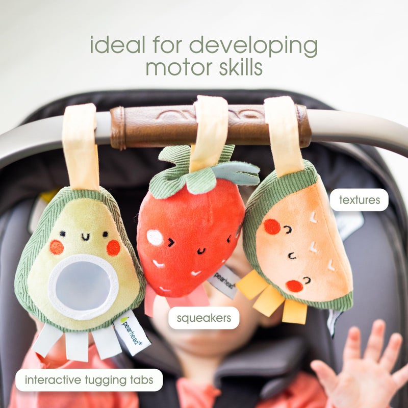 Pearhead Fruit Stroller Toys, Stocking Stuffers for Babies, Newborn Ideas, Plush Interactive Toy Set for Baby Car Seat with Hanging Mirror, Strawberry Avocado Watermelon, Set of 3 - Image 3