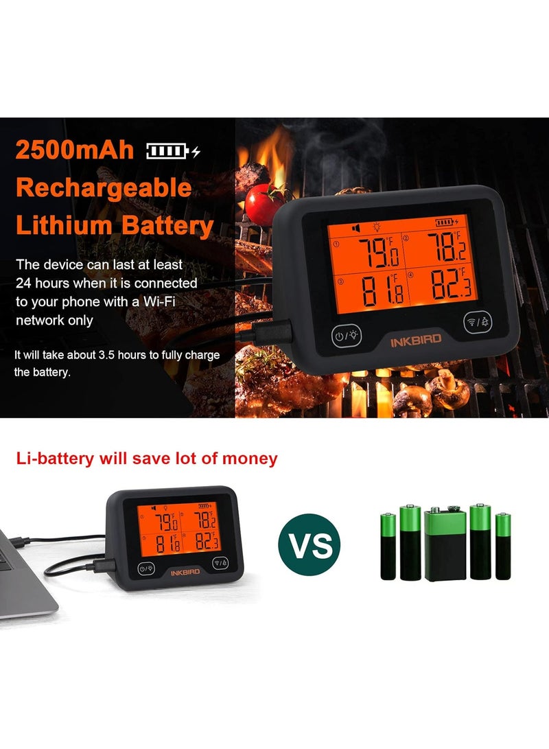 إنك بيرد مقياس حرارة اللحوم الذكي اللاسلكي من إنكبيرد بتقنية بلوتوث وواي فاي IBBQ-4BW، مزود بأربعة مجسات ملونة | إشعارات على الهاتف، مؤقت عالي/منخفض، مقياس حرارة رقمي قابل لإعادة الشحن بتقنية بلوتوث للمطبخ والفرن والمدخنة - Image 2
