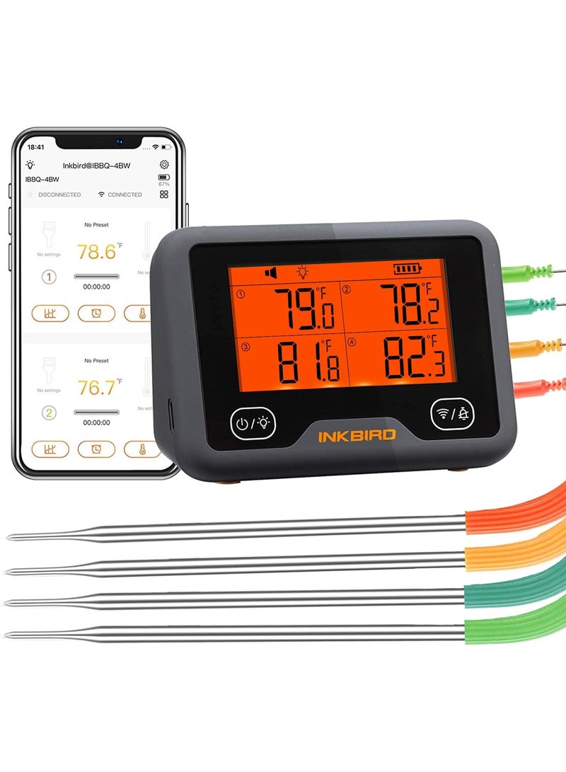 إنك بيرد مقياس حرارة اللحوم الذكي اللاسلكي من إنكبيرد بتقنية بلوتوث وواي فاي IBBQ-4BW، مزود بأربعة مجسات ملونة | إشعارات على الهاتف، مؤقت عالي/منخفض، مقياس حرارة رقمي قابل لإعادة الشحن بتقنية بلوتوث للمطبخ والفرن والمدخنة - Image 1