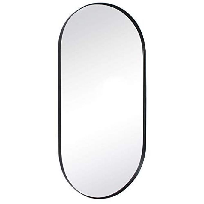 BLACK OVAL BATHROOM MIRROR 20X40 PILL SHAPED OBLONG VANITY MIRROR METAL FRAMED CAPSULE MIRROR FOR WALL IN STAINLESS STEEL ROUNDED RECTANGULAR MIRRORS FOR WALL MOUNTED