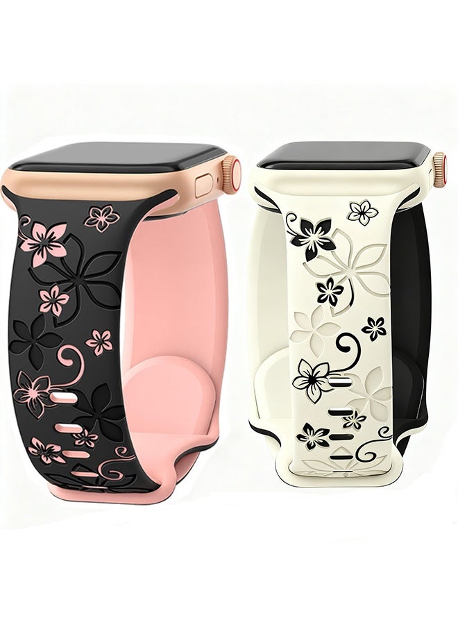 Happy D 2 Pack Apple Watch Series 11 10 Straps, Flower Engraved Strap Compatible Apple Watch Strap 42mm/44mm/45mm/46mm/49mm Ladies, Lovely Flower iWatch Strap iWatch Series Soft Silicone Sport Band for iWatch Series SE 10 9 8 7 6 5 4 3 Ultra - Image 1