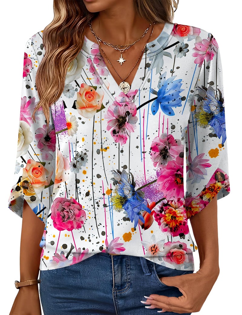 Kistore Women Tops and Blouses Spring 3/4 Sleeve V Neck Business Casual Tunic Pullover Shirts White Multicolor Flowers S - Image 1