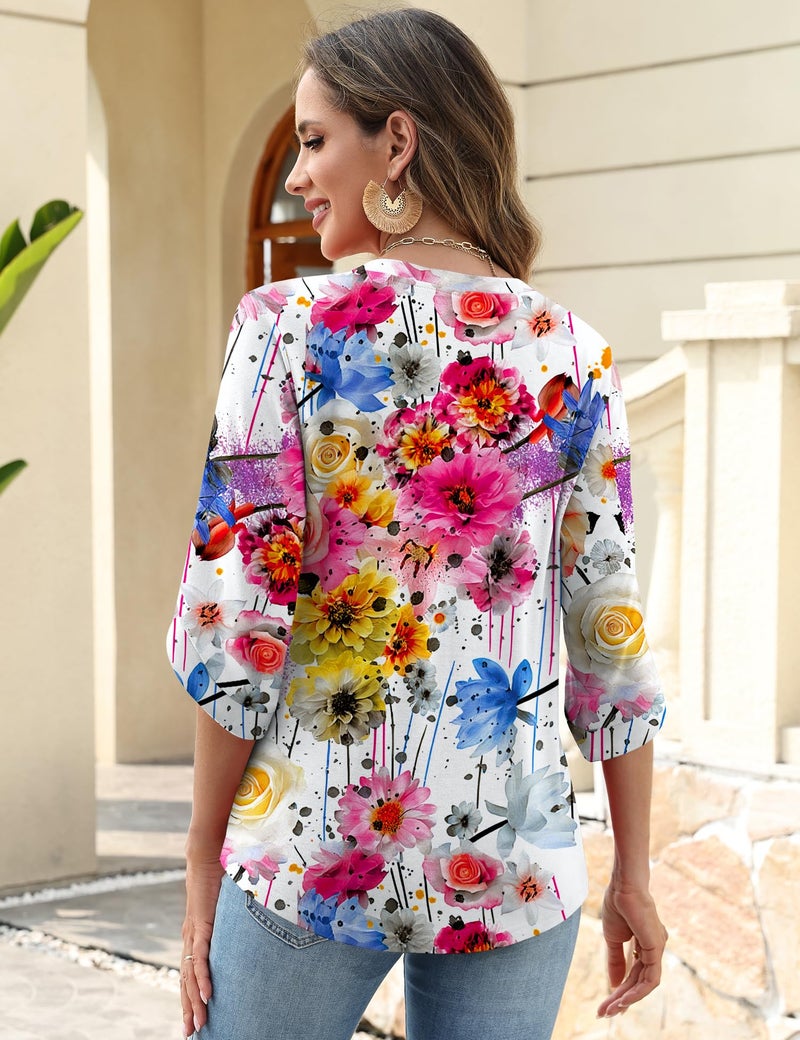 Kistore Women Tops and Blouses Spring 3/4 Sleeve V Neck Business Casual Tunic Pullover Shirts White Multicolor Flowers S - Image 4