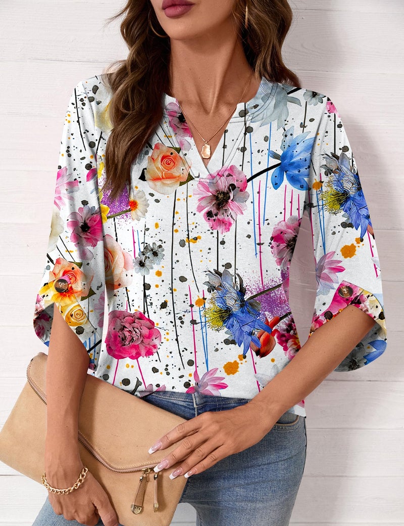 Kistore Women Tops and Blouses Spring 3/4 Sleeve V Neck Business Casual Tunic Pullover Shirts White Multicolor Flowers S - Image 3
