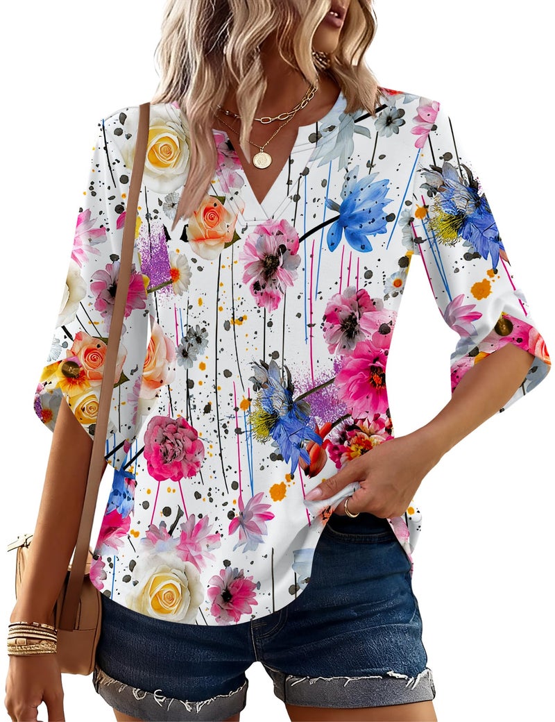 Kistore Women Tops and Blouses Spring 3/4 Sleeve V Neck Business Casual Tunic Pullover Shirts White Multicolor Flowers S - Image 2