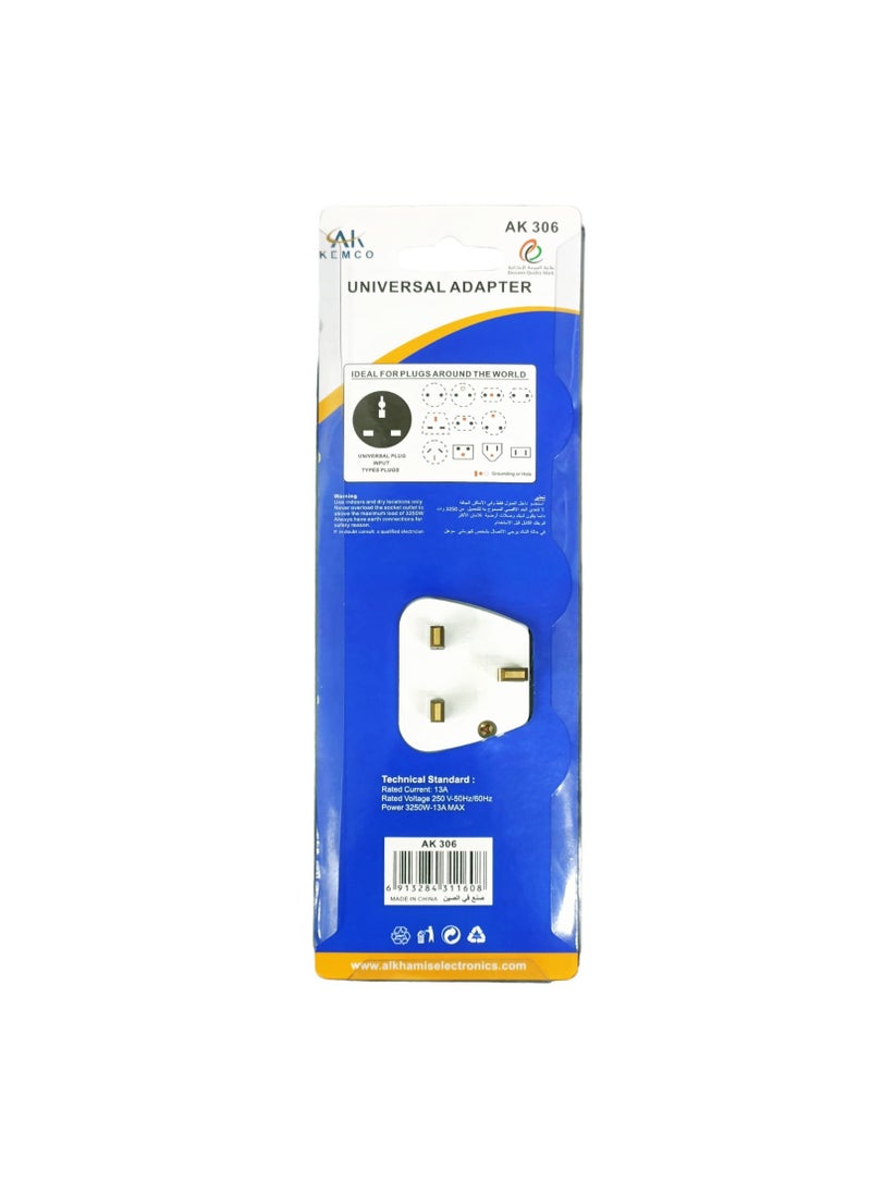 AK KEMCO - 3 Way Universal Multi Adaptor Plug White Wall Multiplug Socket AK-306 - Image 1