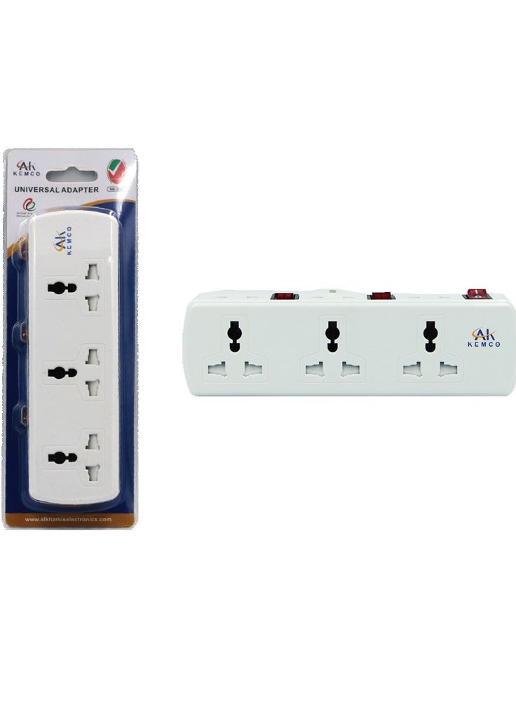 AK KEMCO - 3 Way Universal Multi Adaptor Plug White Wall Multiplug Socket AK-306 - Image 1