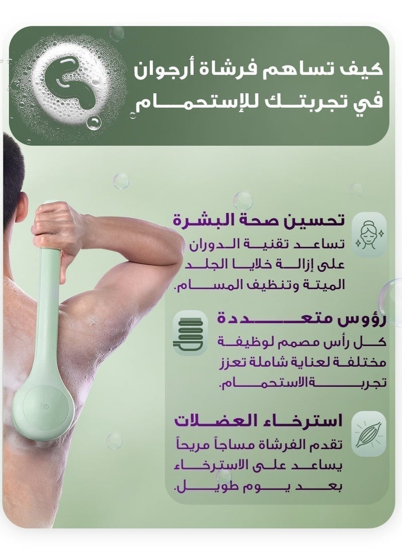 Urjwan Body Cleansing Brush - 3 Replaceable Heads, Ergonomic Handle, Soft Bristles for Gentle Exfoliation, Waterproof, Perfect for Shower & Skincare - Green - Image 4