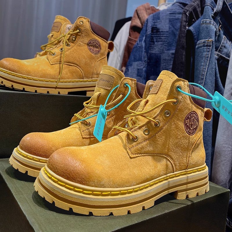 Big Yellow Boots, Martin Boots, Spring Outdoor Genuine Leather Boots, Indestructible, Height-Increasing, Versatile, Thick-Soled Workwear Shoes For Men And Women, Trendy - Image 1