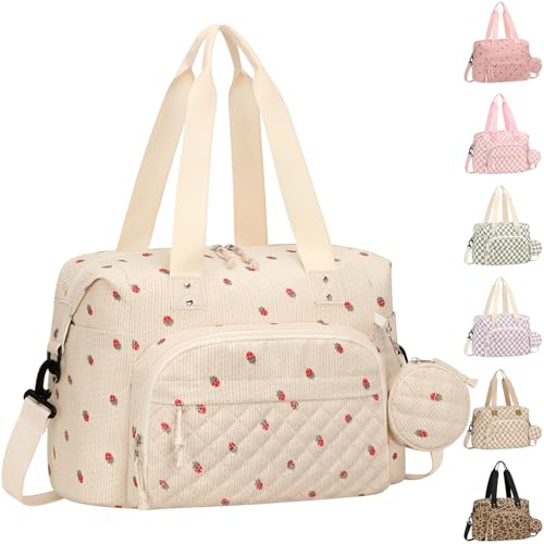Tenot Corduroy Diaper Bag Tote Baby Bag Travel Diaper Tote Bag with Pacifier Case Large Baby Diaper Bags for Women Ctue Diaper Bags For Baby Girl Boy Mom Maternity Hospital Bag Beige Strawberry - Image 1
