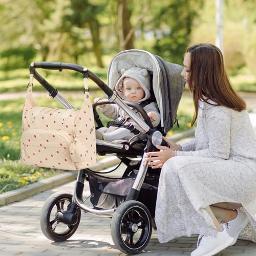 Tenot Corduroy Diaper Bag Tote Baby Bag Travel Diaper Tote Bag with Pacifier Case Large Baby Diaper Bags for Women Ctue Diaper Bags For Baby Girl Boy Mom Maternity Hospital Bag Beige Strawberry - Image 3