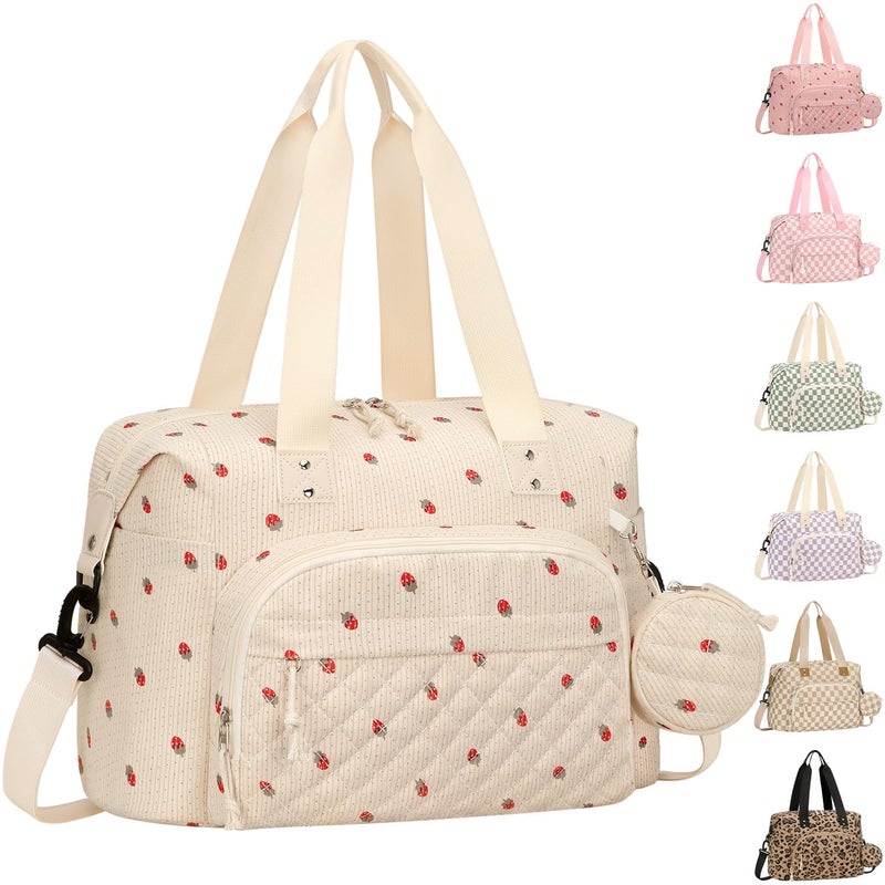 Tenot Corduroy Diaper Bag Tote Baby Bag Travel Diaper Tote Bag with Pacifier Case Large Baby Diaper Bags for Women Ctue Diaper Bags For Baby Girl Boy Mom Maternity Hospital Bag Beige Strawberry - Image 2